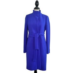 J Crew Double Cloth Royal Blue/Purple Funnel Neck Coat Belted Lady Day size 6